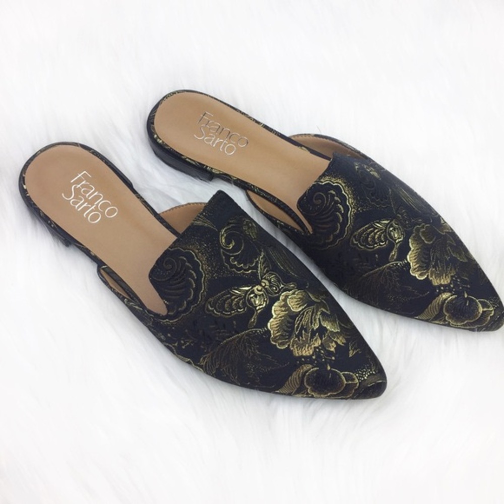 Franco Sarto Black Gold Floral Pointed Toe Slip On Mules Flats